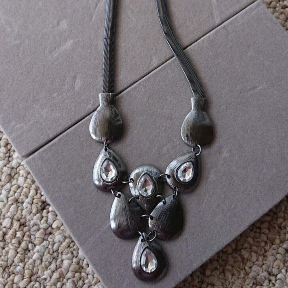 East 5th Statement necklace, charcoal color, teardrop shapes, rhinestones